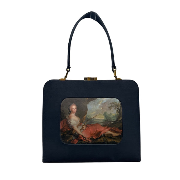 Vintage Black Handbag With Classic Art Print Panel & Gold-Tone Hardware