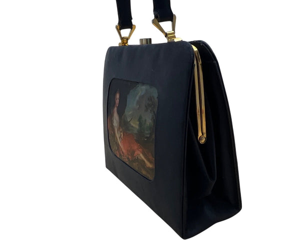 Vintage Black Handbag With Classic Art Print Panel & Gold-Tone Hardware