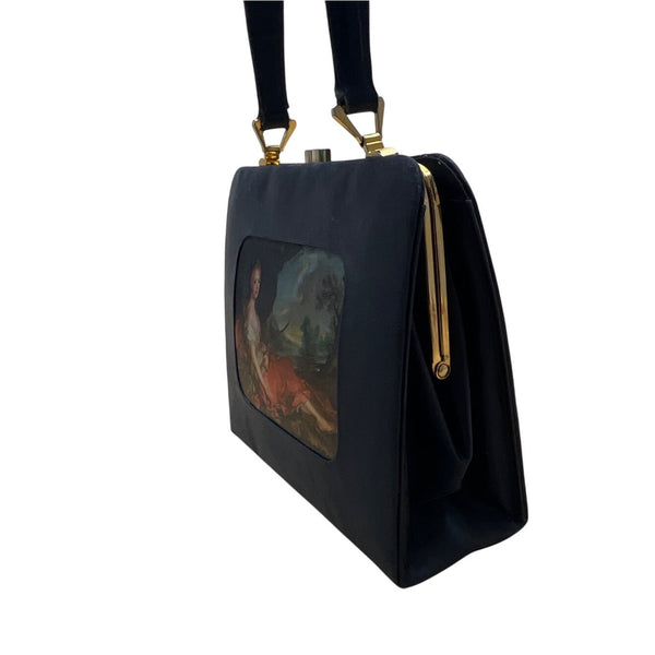 Vintage Black Handbag With Classic Art Print Panel & Gold-Tone Hardware