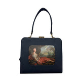 Vintage Black Handbag With Classic Art Print Panel & Gold-Tone Hardware
