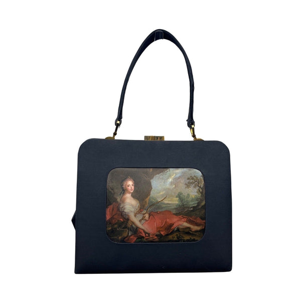 Vintage Black Handbag With Classic Art Print Panel & Gold-Tone Hardware