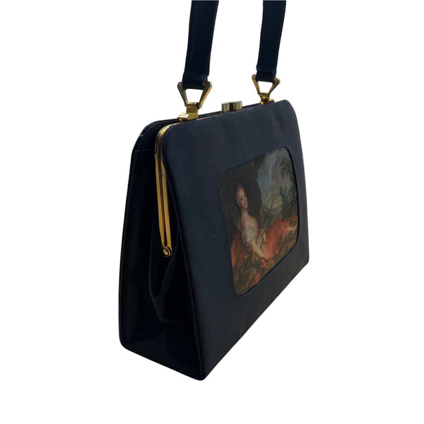 Vintage Black Handbag With Classic Art Print Panel & Gold-Tone Hardware