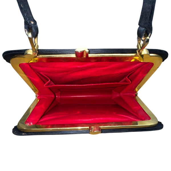 Vintage Black Handbag With Classic Art Print Panel & Gold-Tone Hardware