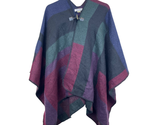 Calvin Klein Womens Multicolor Wool Blend Poncho Shawl Plaid Pattern Toggle Closure One Size