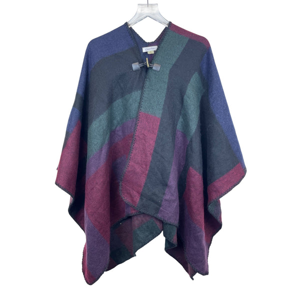 Calvin Klein Womens Multicolor Wool Blend Poncho Shawl Plaid Pattern Toggle Closure One Size