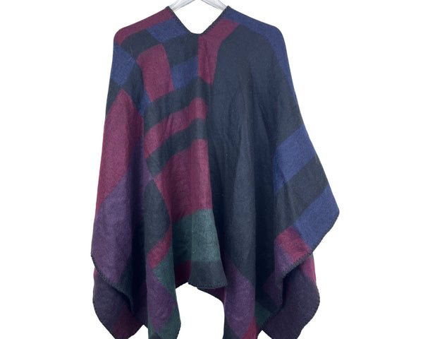 Calvin Klein Womens Multicolor Wool Blend Poncho Shawl Plaid Pattern Toggle Closure One Size