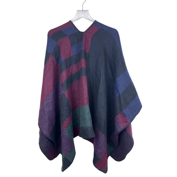 Calvin Klein Womens Multicolor Wool Blend Poncho Shawl Plaid Pattern Toggle Closure One Size