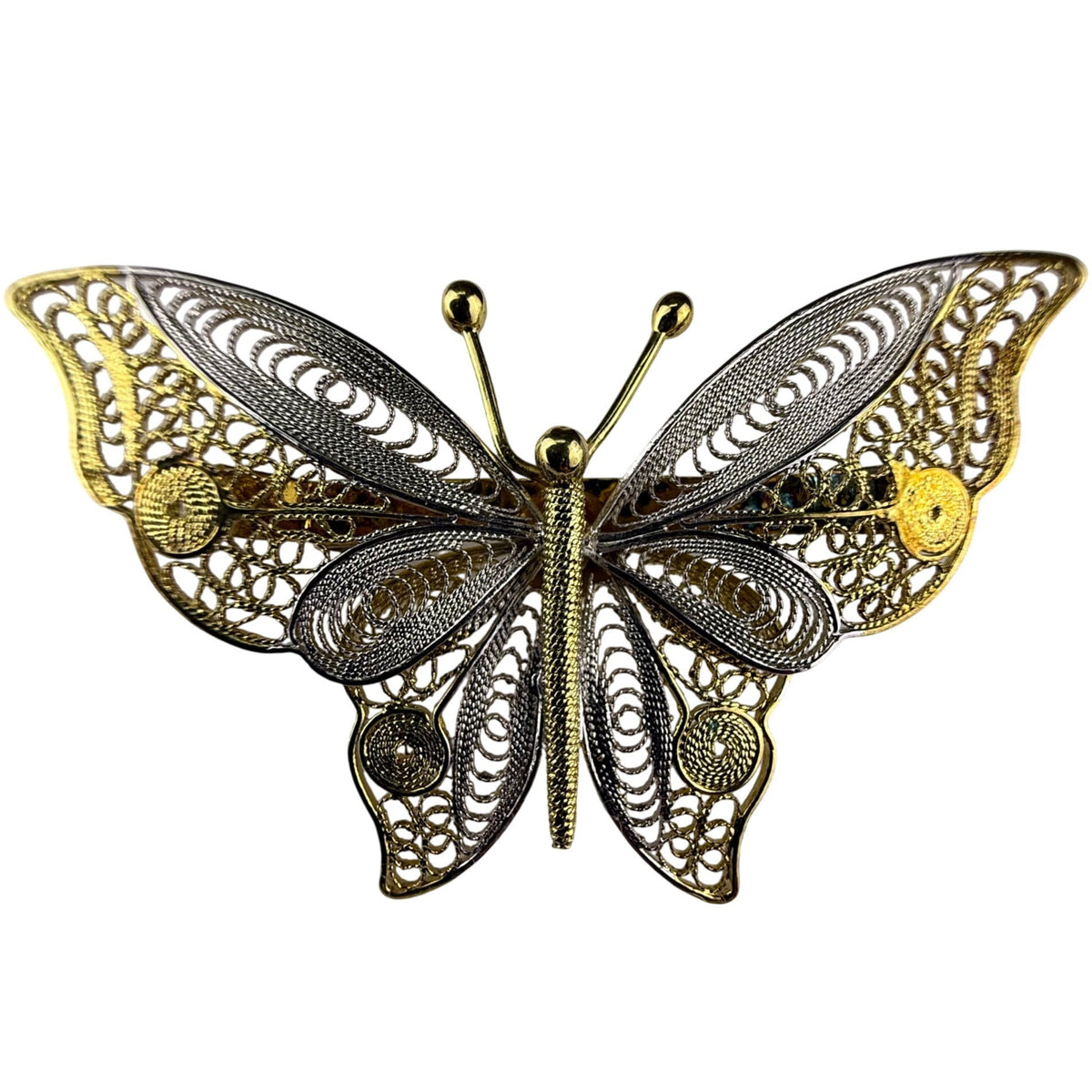 Sterling Silver & Gold Tone Filigree Butterfly Brooch 925 Intricate Vintage Design