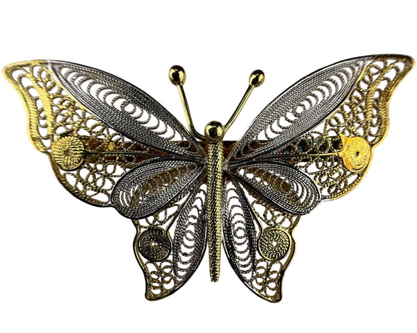 Sterling Silver & Gold Tone Filigree Butterfly Brooch 925 Intricate Vintage Design