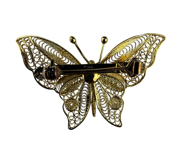 Sterling Silver & Gold Tone Filigree Butterfly Brooch 925 Intricate Vintage Design