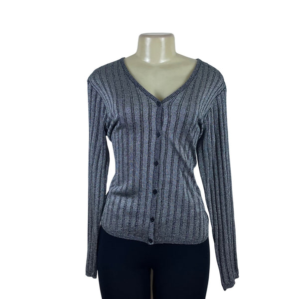 Sag Harbor Women's Gray Acrylic/Lurex Button Up V Neck Cardigan Sweater Size 12