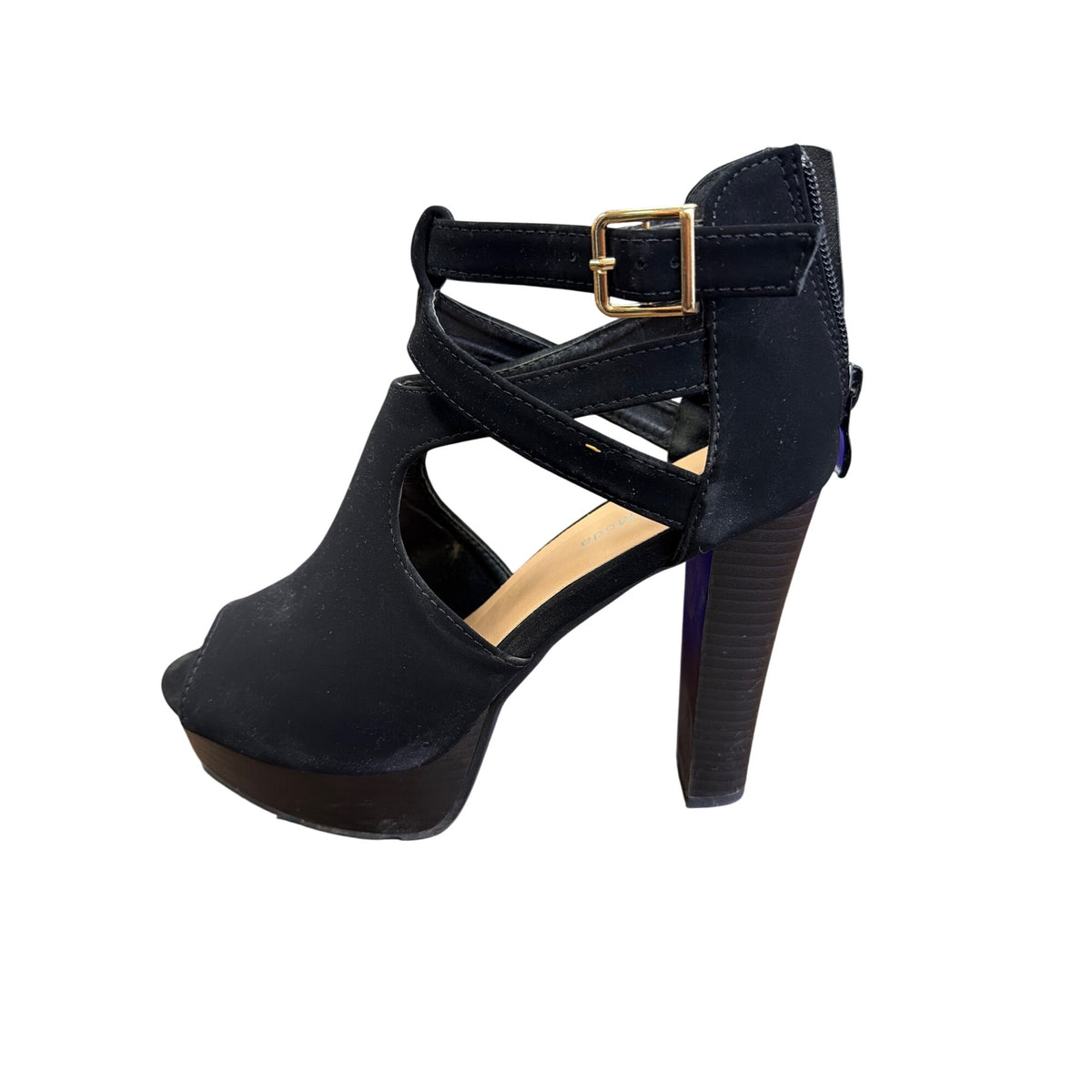 Top Moda Womens Black Peep Toe Heeled Sandals Platform Buckle Detail Size 7.5