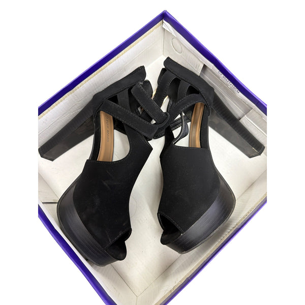 Top Moda Womens Black Peep Toe Heeled Sandals Platform Buckle Detail Size 7.5