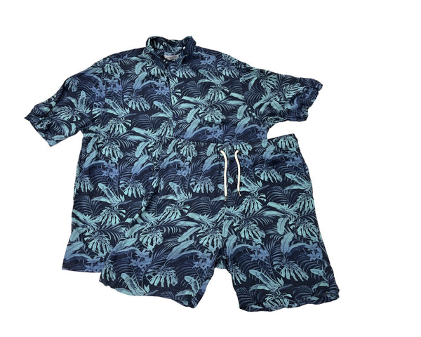 Jack & Jons Mens Hawaiian Shirt & Shorts Set Navy Tropical Palm Print Sz XL