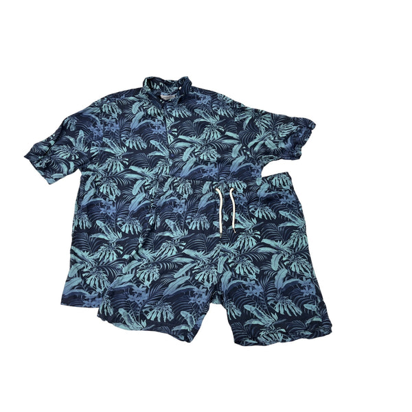 Jack & Jons Mens Hawaiian Shirt & Shorts Set Navy Tropical Palm Print Sz XL
