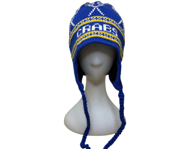 Vermont Originals Mens Royal & Yellow Wool Earflap Ski Hat XL Handcrafted Lacrosse USA