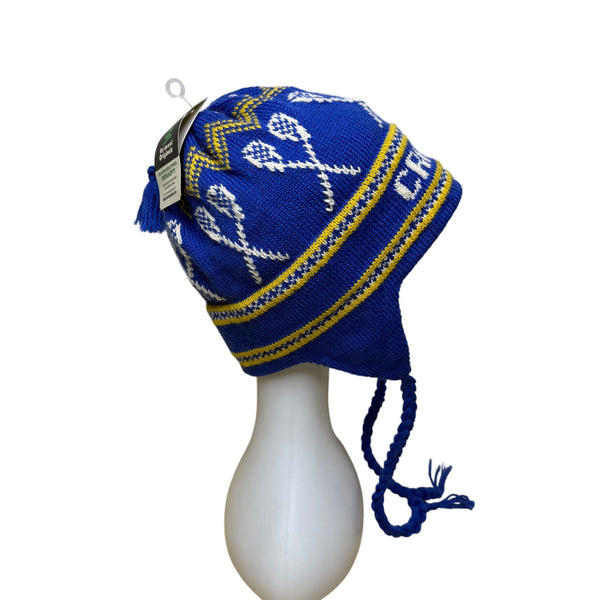 Vermont Originals Mens Royal & Yellow Wool Earflap Ski Hat XL Handcrafted Lacrosse USA