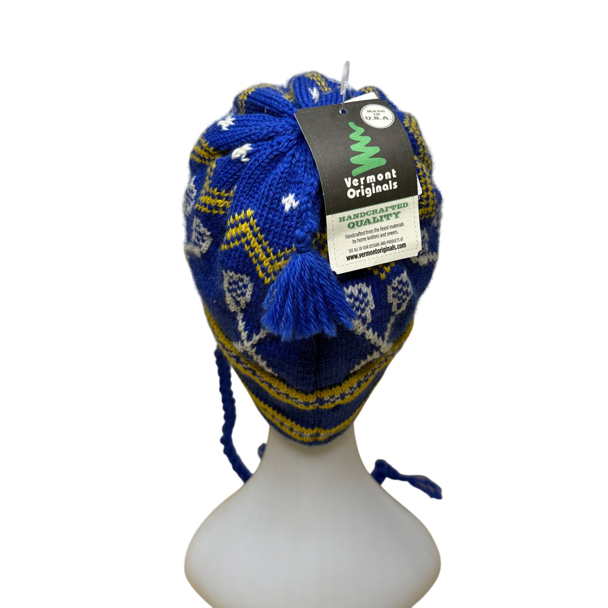 Vermont Originals Mens Royal & Yellow Wool Earflap Ski Hat XL Handcrafted Lacrosse USA