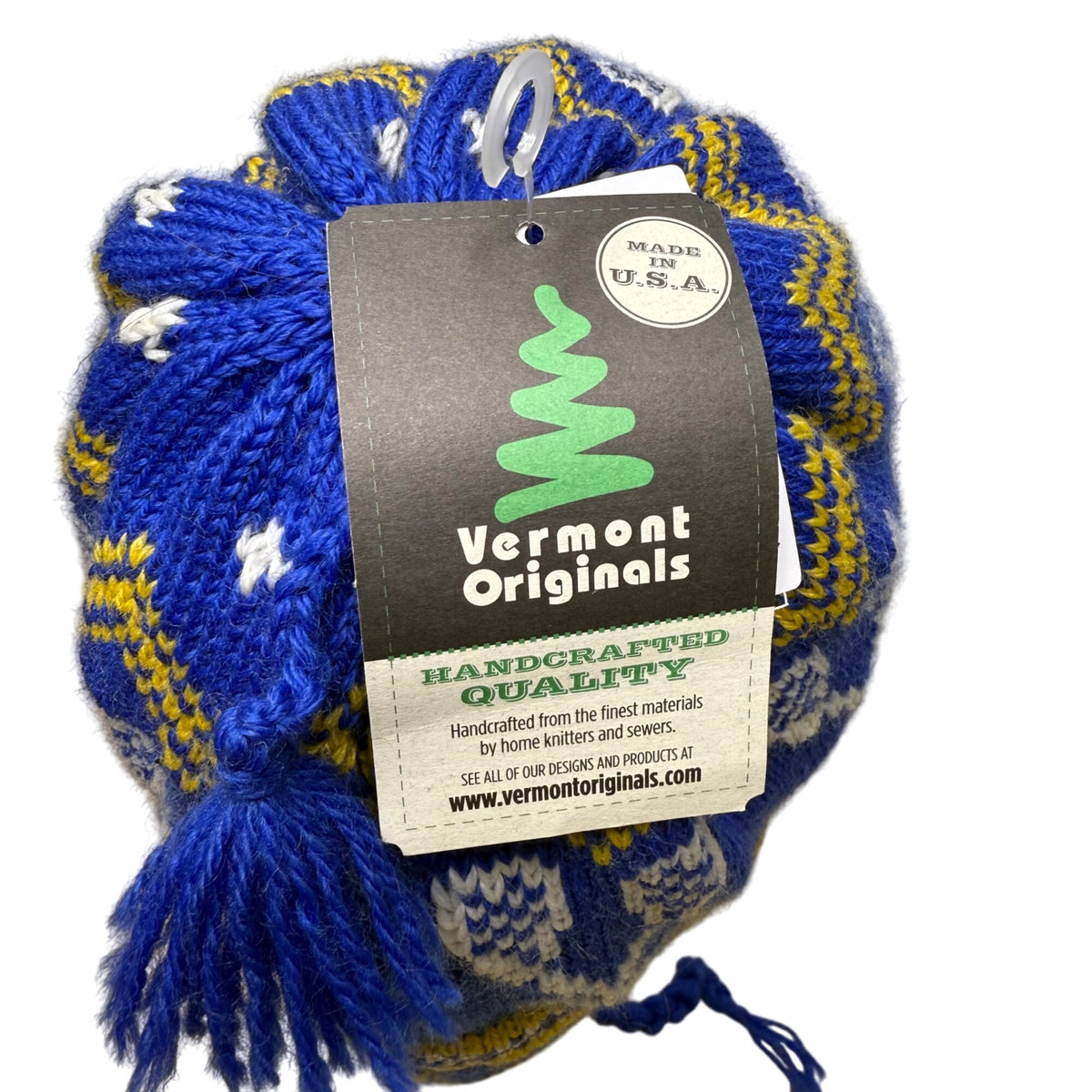 Vermont Originals Mens Royal & Yellow Wool Earflap Ski Hat XL Handcrafted Lacrosse USA