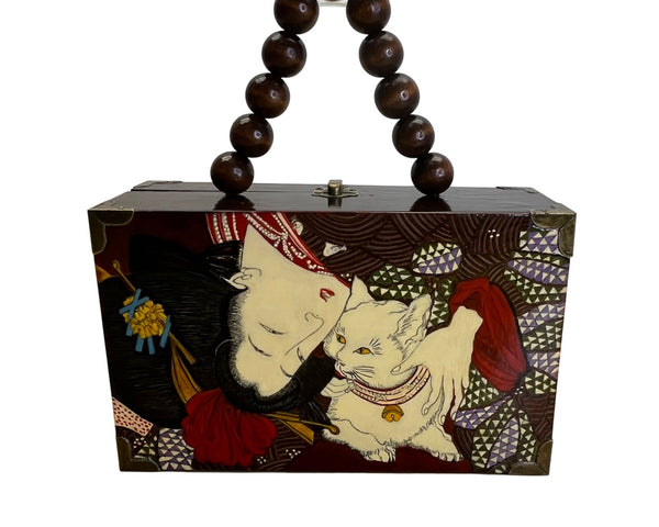 Handcrafted Beaded Handle Japanese Artwork Signature Vasso Wooden Box Purse
