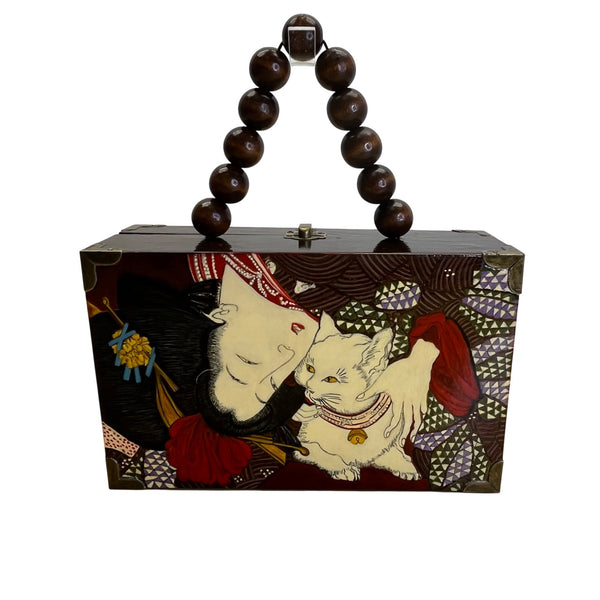 Handcrafted Beaded Handle Japanese Artwork Signature Vasso Wooden Box Purse