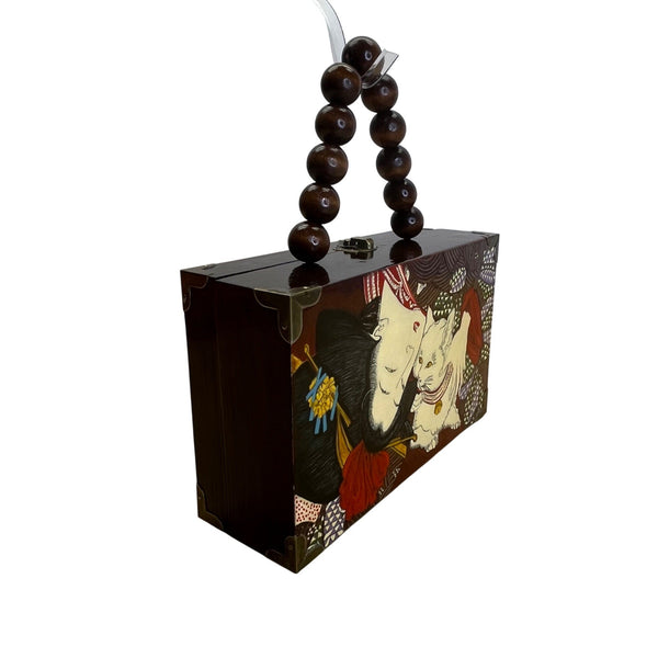 Handcrafted Beaded Handle Japanese Artwork Signature Vasso Wooden Box Purse