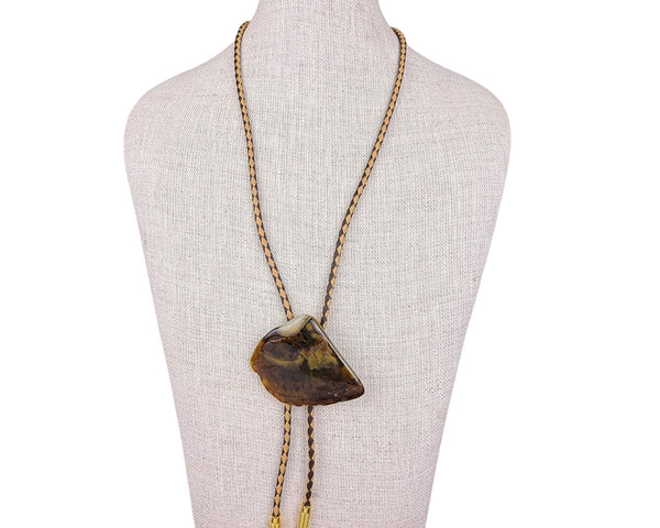 Handcrafted Vintage Braided Leather Stone Bolo Tie Brown Goldtone Agate Rock Pendant