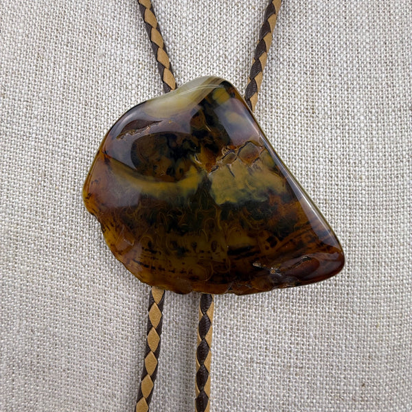 Handcrafted Vintage Braided Leather Stone Bolo Tie Brown Goldtone Agate Rock Pendant