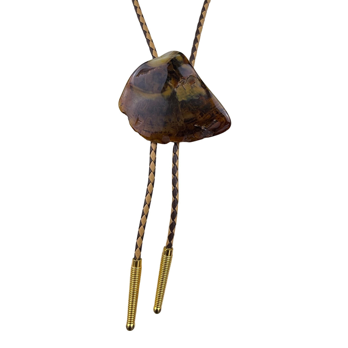 Handcrafted Vintage Braided Leather Stone Bolo Tie Brown Goldtone Agate Rock Pendant