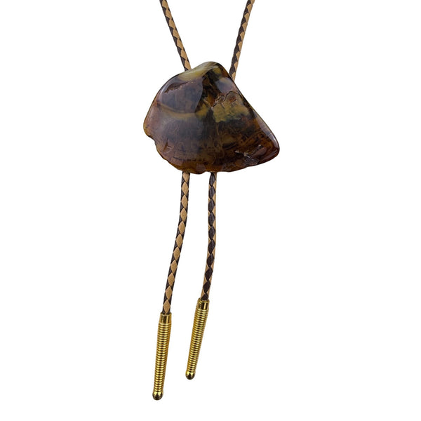 Handcrafted Vintage Braided Leather Stone Bolo Tie Brown Goldtone Agate Rock Pendant