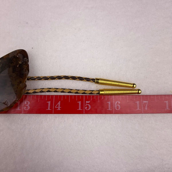 Handcrafted Vintage Braided Leather Stone Bolo Tie Brown Goldtone Agate Rock Pendant