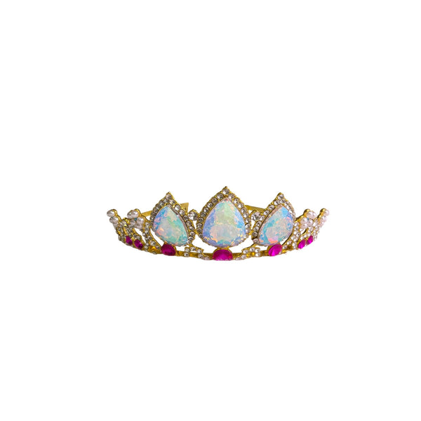 Gold Multi-Color Crystal Womens Tiara Headband Rhinestone & Pearl Accent