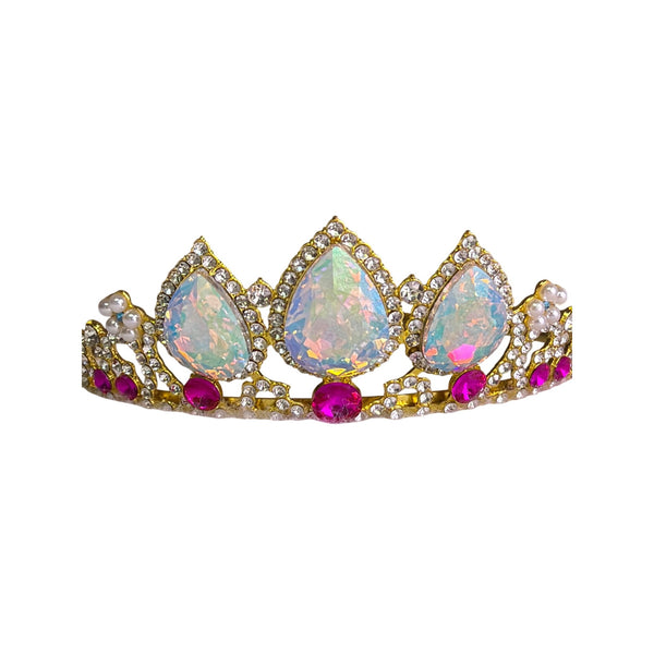 Gold Multi-Color Crystal Womens Tiara Headband Rhinestone & Pearl Accent