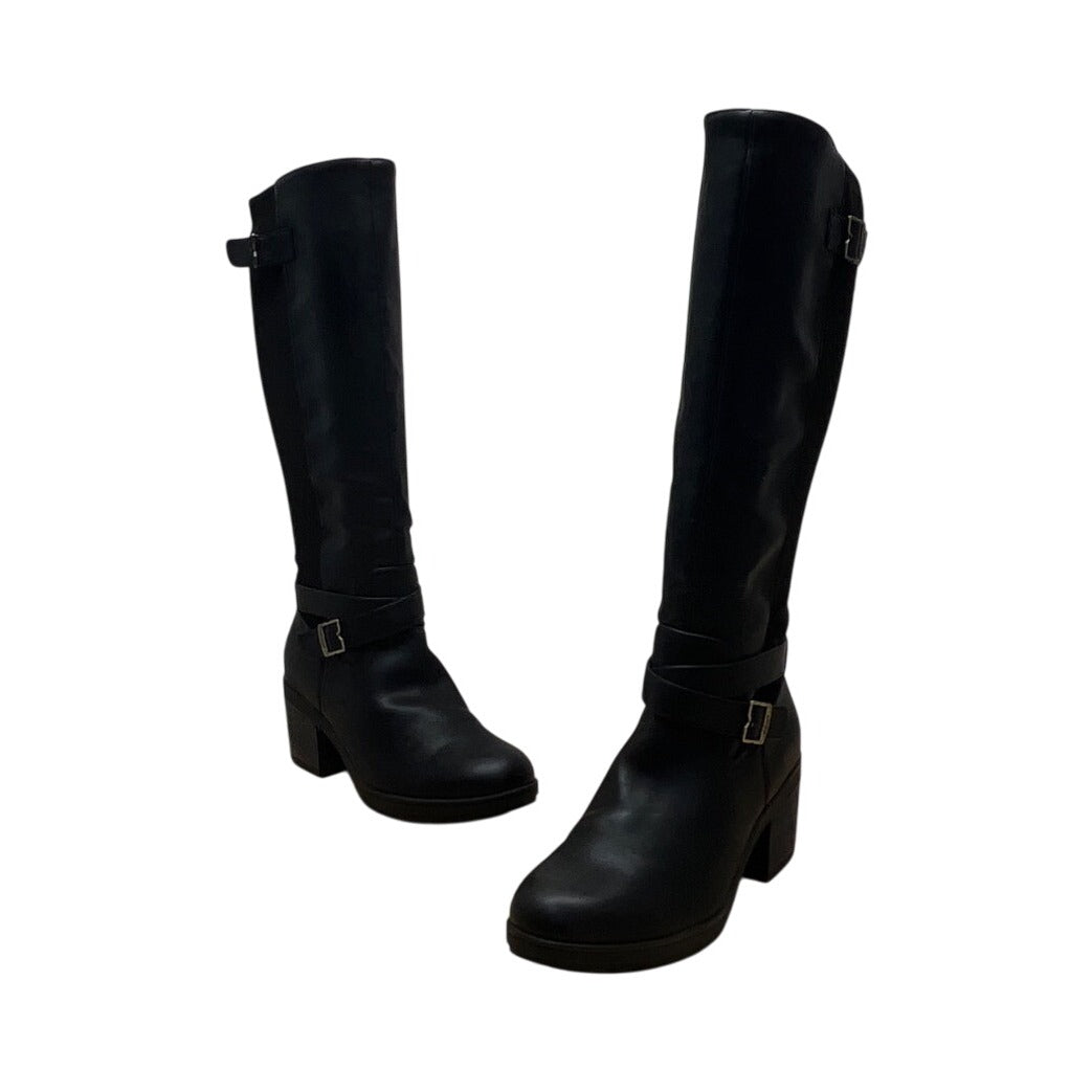 Dr. Scholl’s Black Leather/Fabric  Buckle Detail Knee-High Prairie Boots Sz 10M