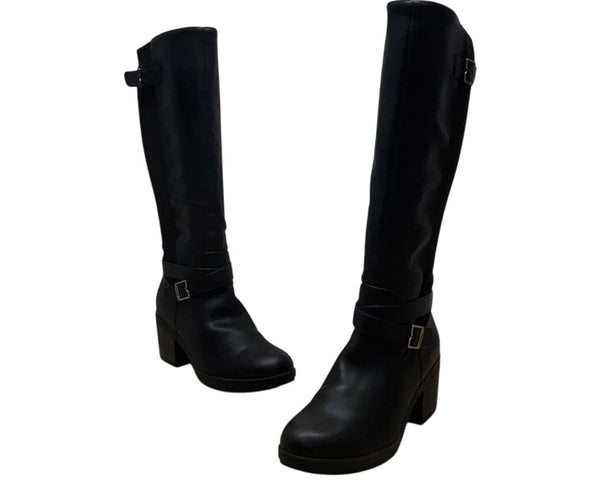Dr. Scholl’s Black Leather/Fabric Buckle Detail Knee-High Prairie Boots Sz 10M
