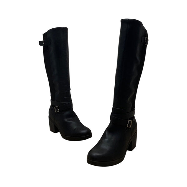 Dr. Scholl’s Black Leather/Fabric  Buckle Detail Knee-High Prairie Boots Sz 10M