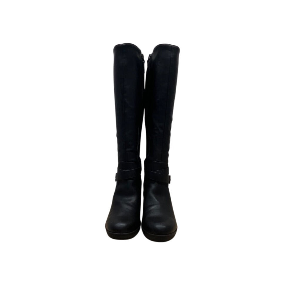 Dr. Scholl’s Black Leather/Fabric  Buckle Detail Knee-High Prairie Boots Sz 10M