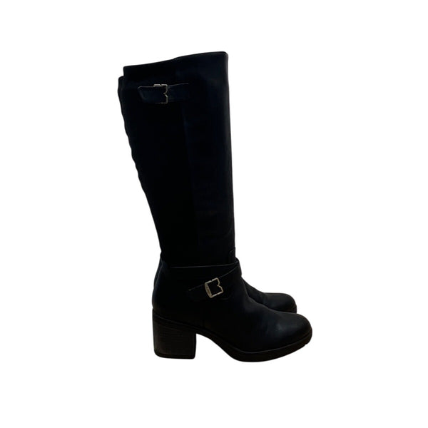 Dr. Scholl’s Black Leather/Fabric  Buckle Detail Knee-High Prairie Boots Sz 10M