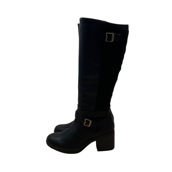 Dr. Scholl’s Black Leather/Fabric  Buckle Detail Knee-High Prairie Boots Sz 10M