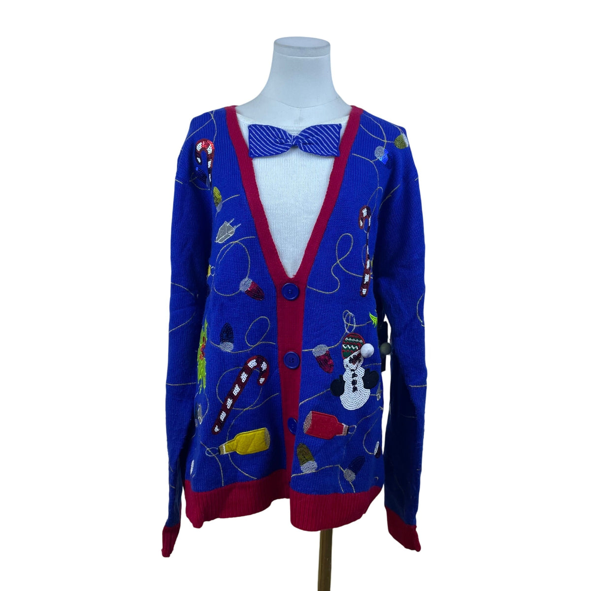 Jolly Sweaters Blue & Red Acrylic Christmas Cardigan XL Holiday Festive - New