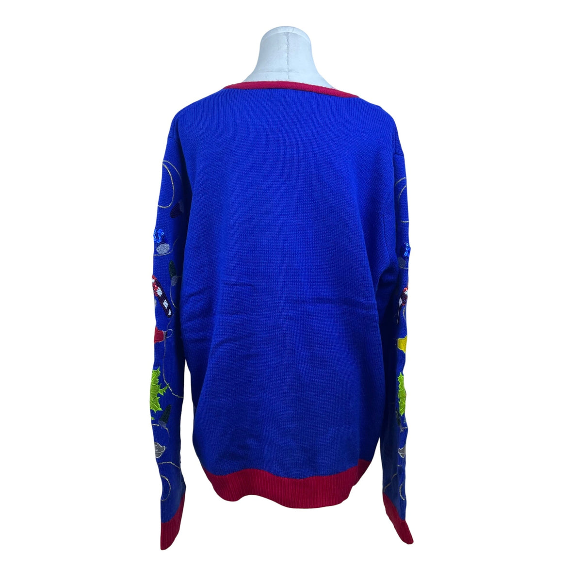 Jolly Sweaters Blue & Red Acrylic Christmas Cardigan XL Holiday Festive - New