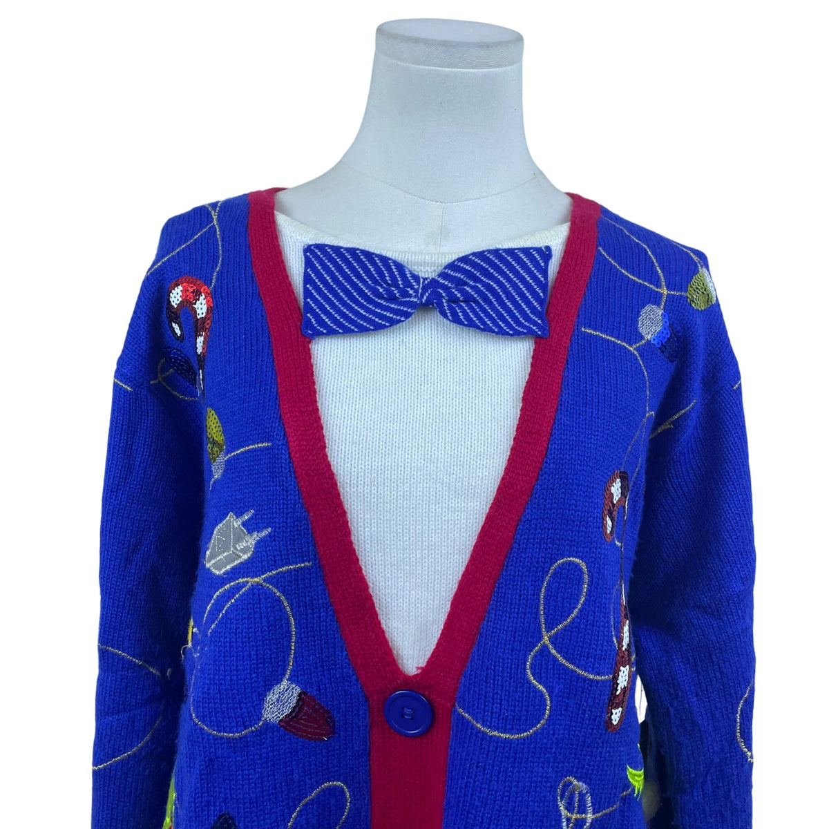 Jolly Sweaters Blue & Red Acrylic Christmas Cardigan XL Holiday Festive - New