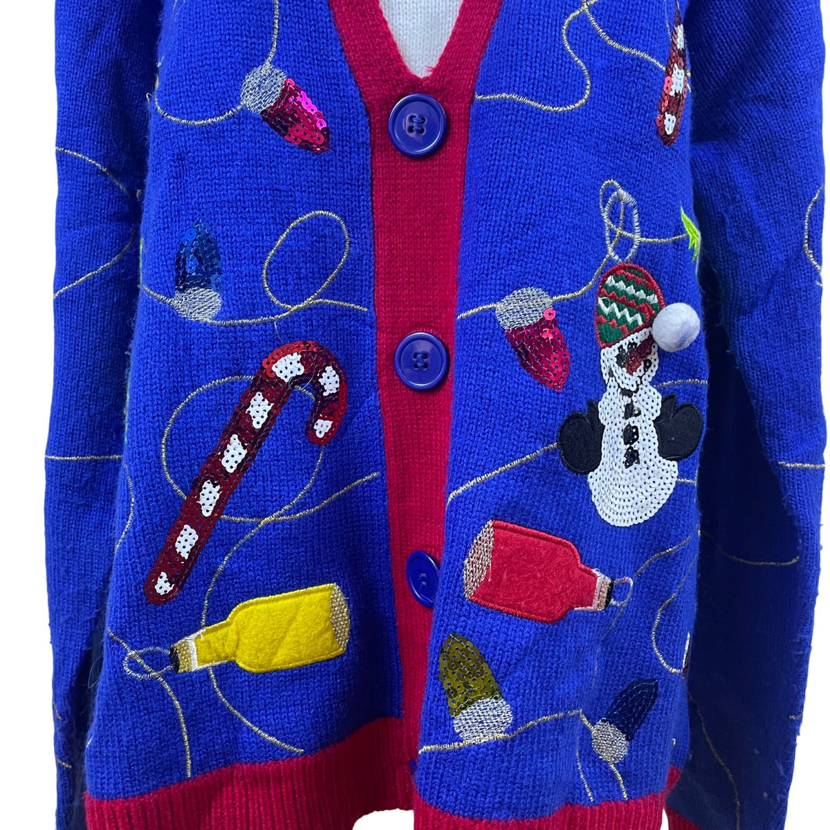 Jolly Sweaters Blue & Red Acrylic Christmas Cardigan XL Holiday Festive - New