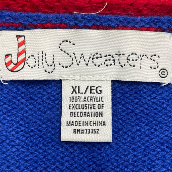 Jolly Sweaters Blue & Red Acrylic Christmas Cardigan XL Holiday Festive - New