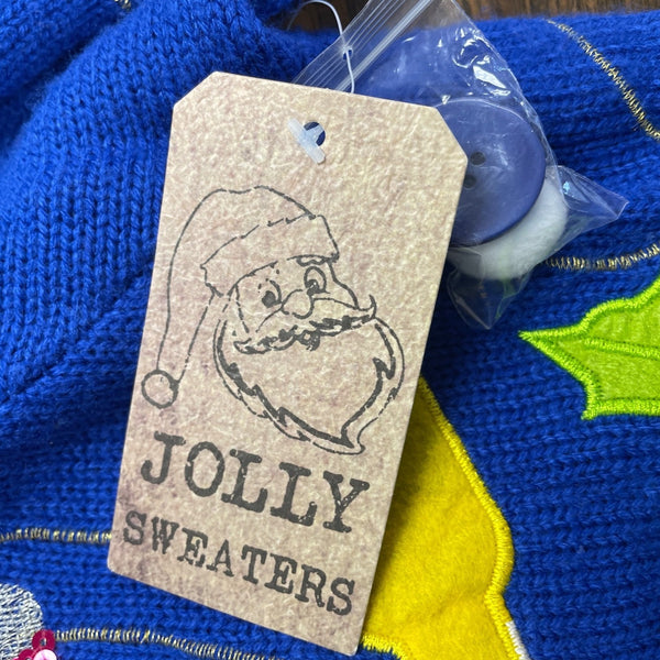 Jolly Sweaters Blue & Red Acrylic Christmas Cardigan XL Holiday Festive - New