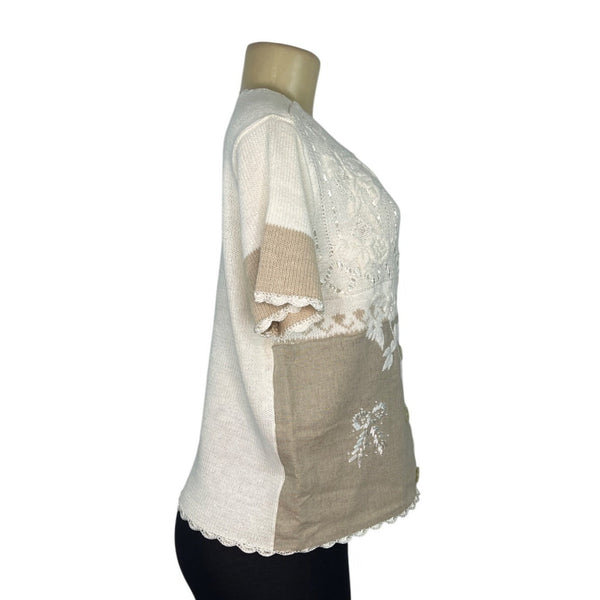 220 Hickory Vintage Style Beige & White Patchwork Button-Up Cardigan Sz SML