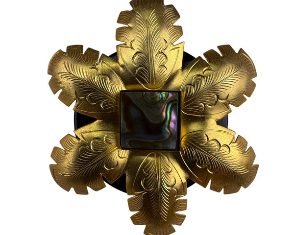 Gold Tone Flower Shaped Vintage Brooch Pin With Abalone Square Centerpiece