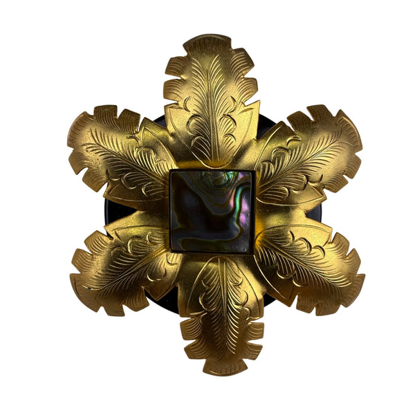Gold Tone Flower Shaped Vintage Brooch Pin With Abalone Square Centerpiece