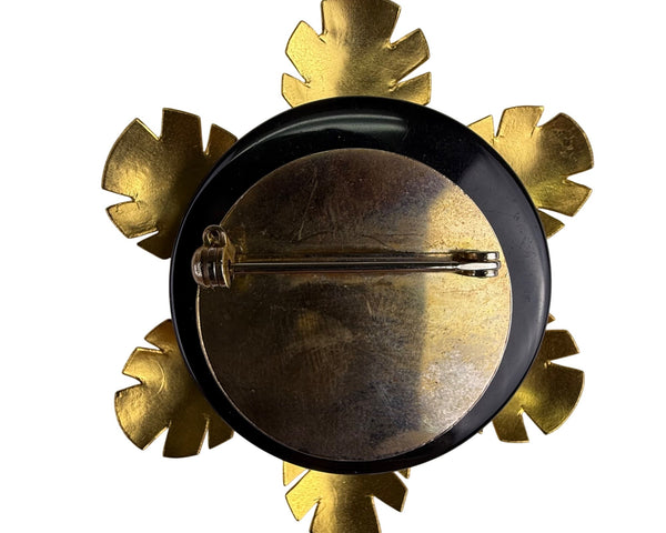 Gold Tone Flower Shaped Vintage Brooch Pin With Abalone Square Centerpiece