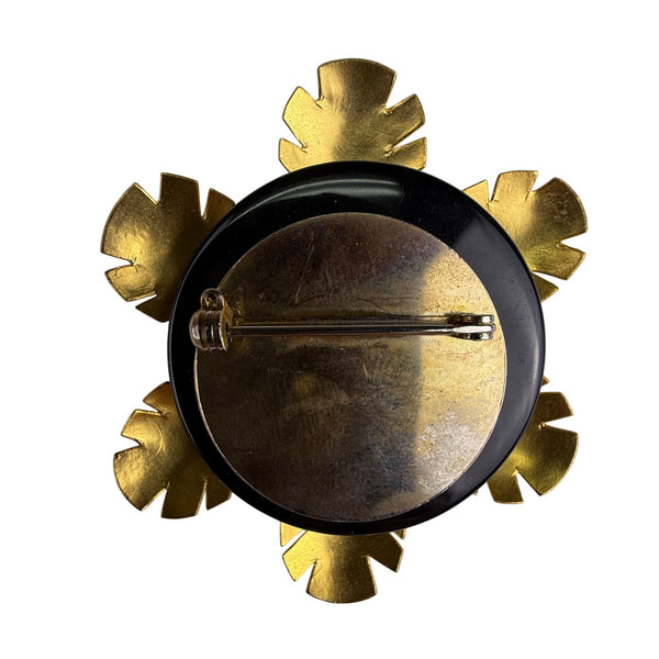 Gold Tone Flower Shaped Vintage Brooch Pin With Abalone Square Centerpiece